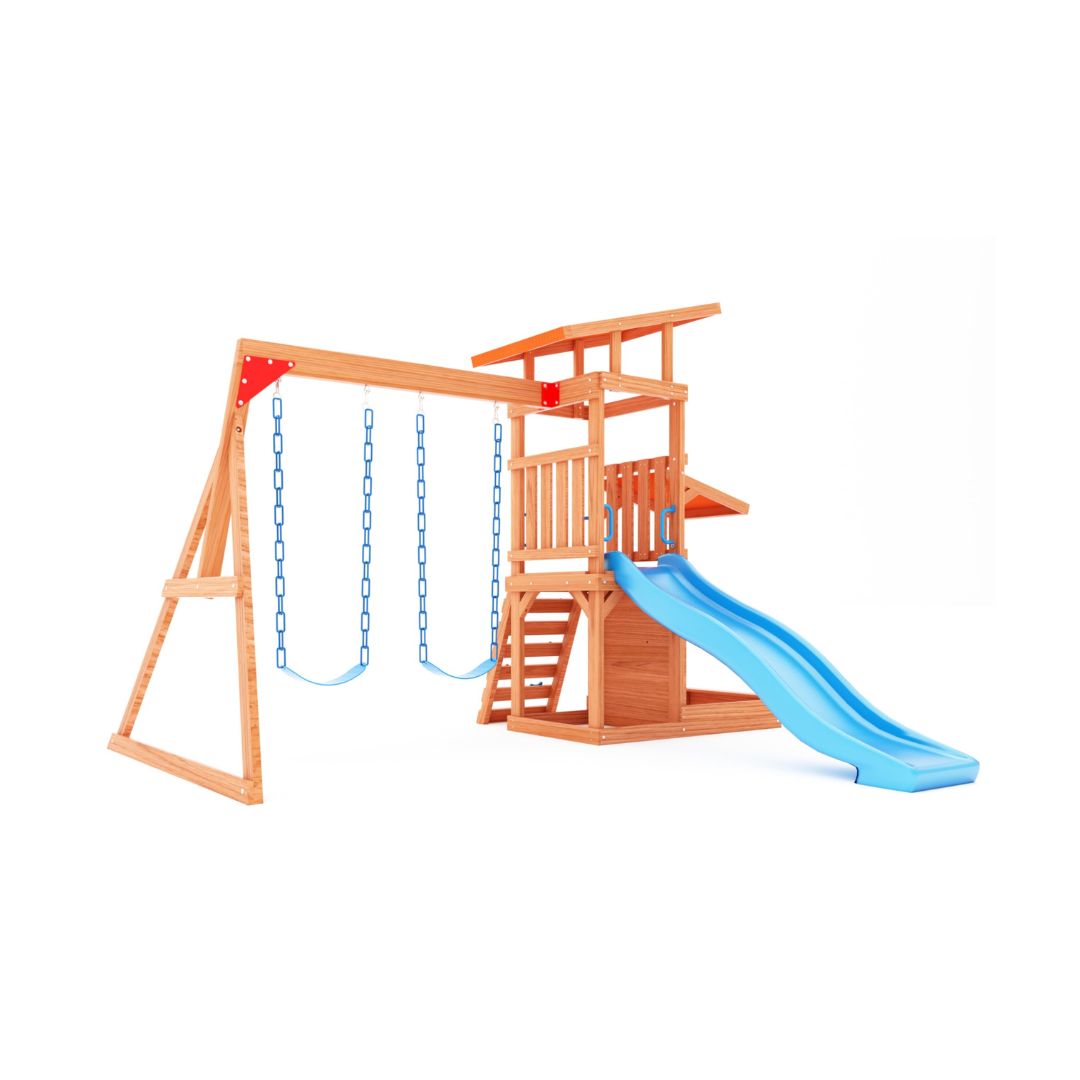 Premium Dolphin Playground Set: Wooden Outdoor Playset with Rock Climbing Wall & Swings - For Kids 3-6