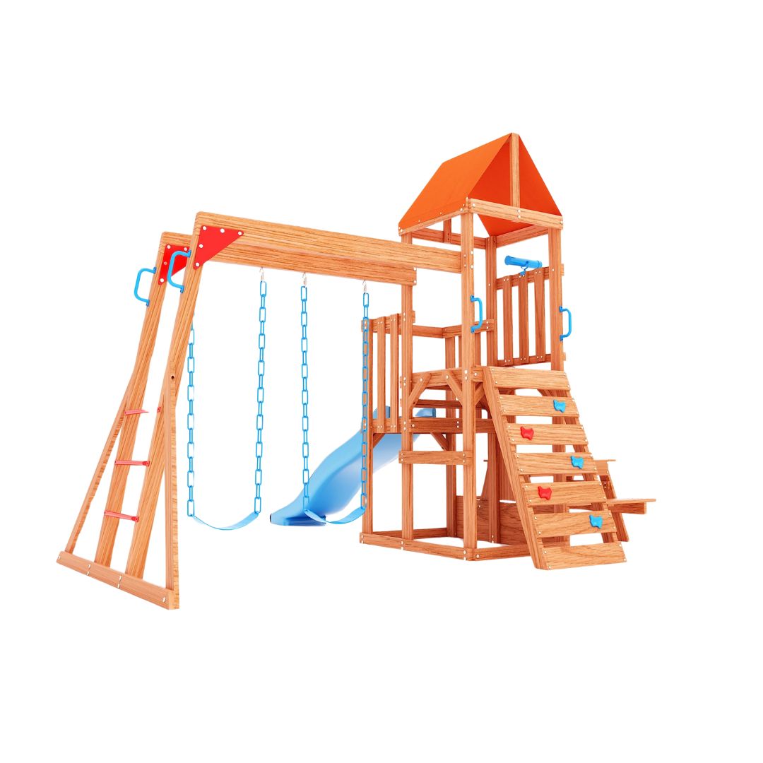 Dolphin Playground Cedar Wooden Swing Sets with Monkey Bar and Climbing Wall - Model: DP-1001