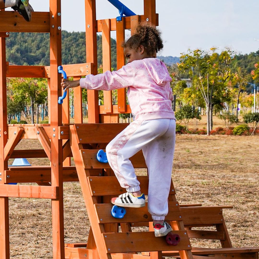 Dolphin Playground Cedar Wooden Swing Sets with Monkey Bar and Climbing Wall - Model: DP-1001